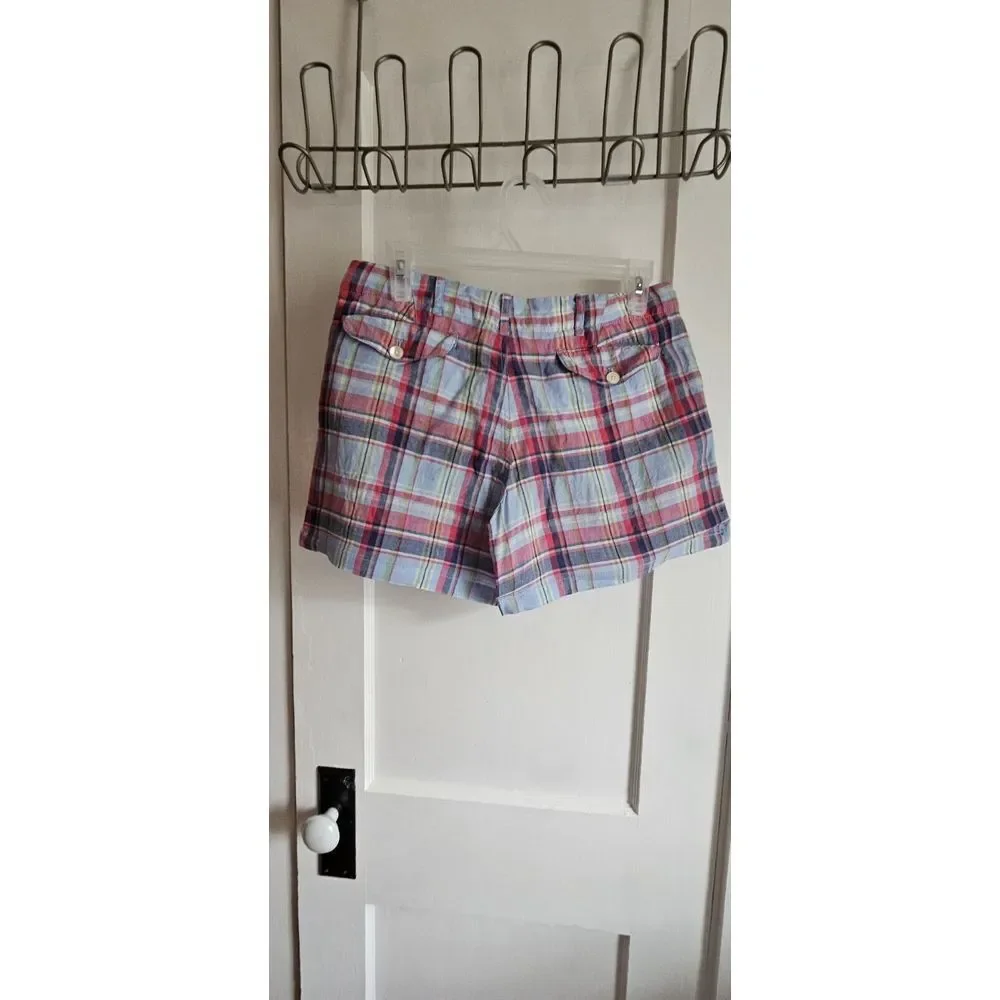 Ralph Lauren Sport Size 4 Women's Linen Flat Front‎ Multicolor Plaid Shorts Red